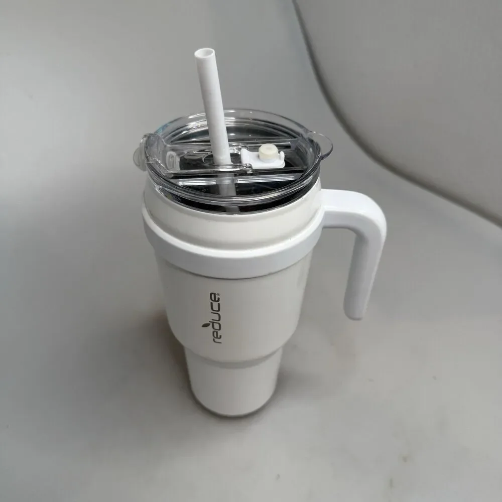 Reduce 40 oz Travel Mug Vacuum Insulated Stainless Steel White Handle Rubber Bas